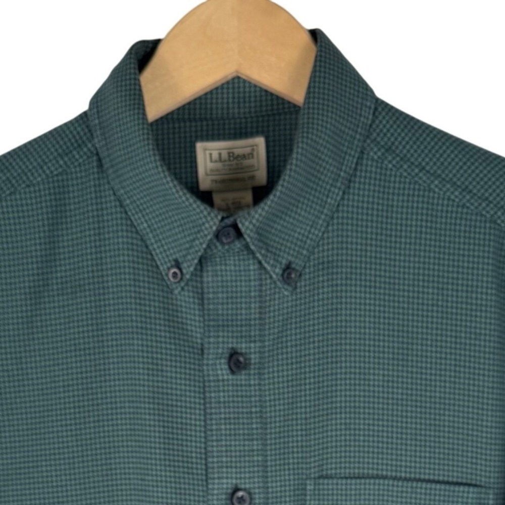 LL Bean Houndstooth Cotton Flannel Shirt Mens L Traditional Fit Green Navy
